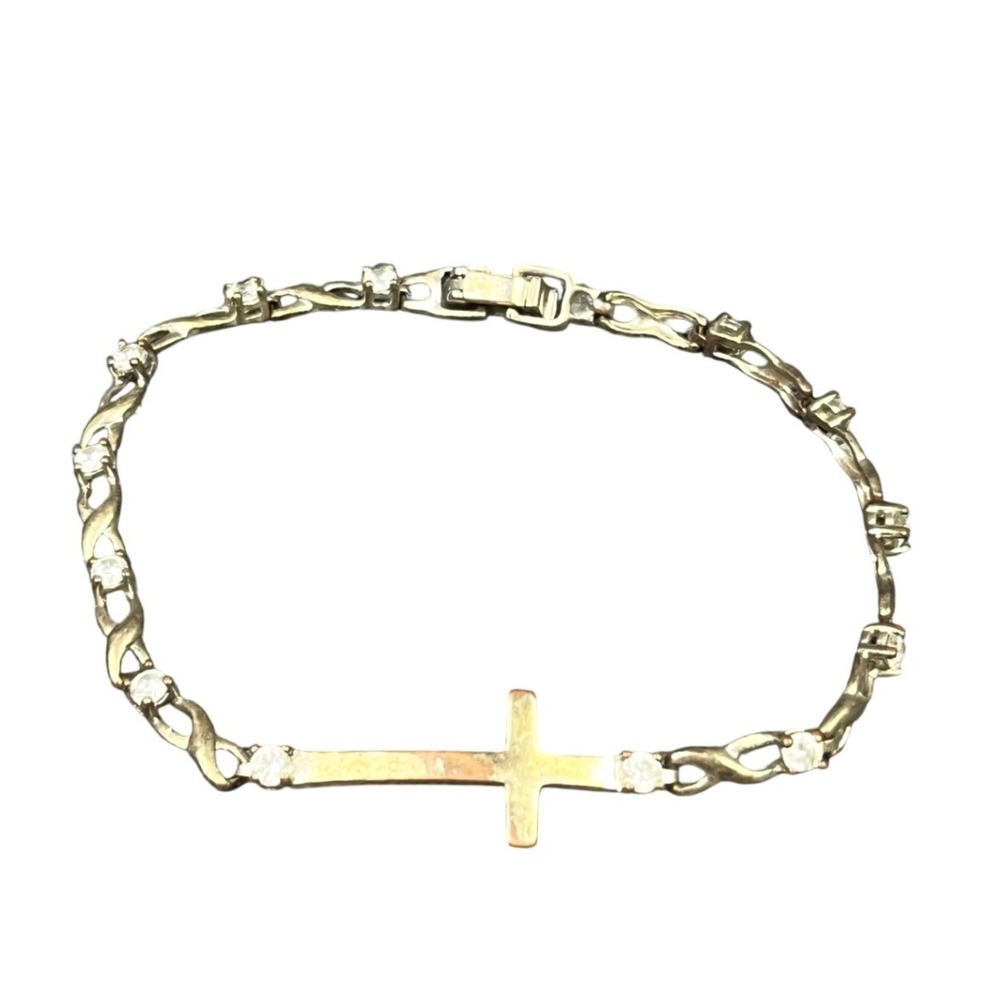Sterling Silver Sideways Cross‎ Link Bracelet Clear CZ Stone Accents 7.5 inch